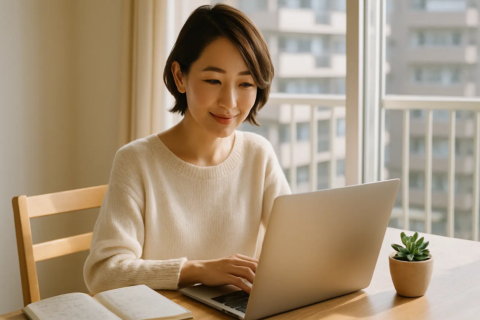 自宅で転職活動をする日本人女性