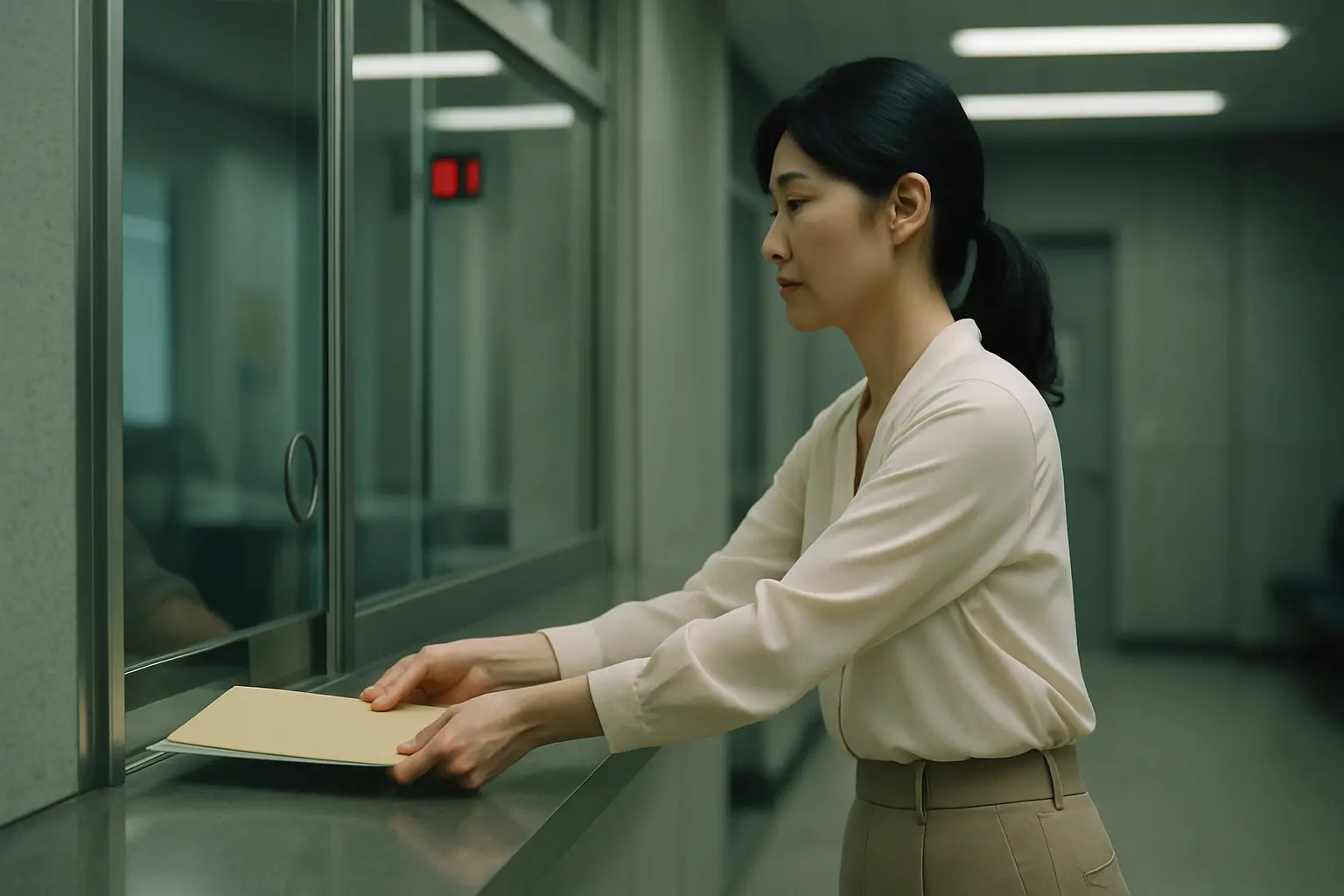 領事窓口でビザ書類を提出する日本人女性
