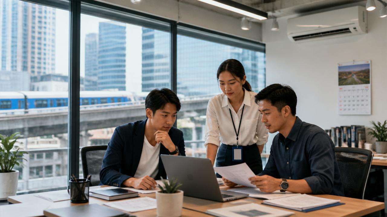 バンコクのオフィス街から定時に退社する女性プロフェッショナル