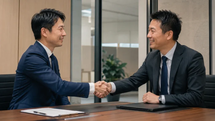 面接で握手を交わす日本人男性と台湾人HRマネージャー