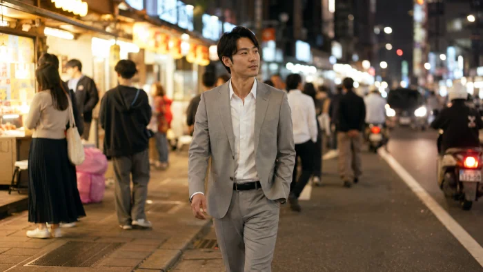 夕方の台北の街を歩く日本人ビジネスパーソン