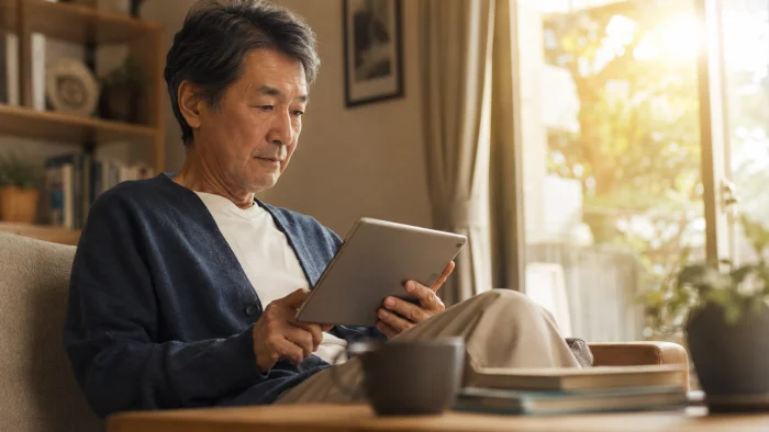 退職金プランをタブレットで確認するシニア世代の男性
