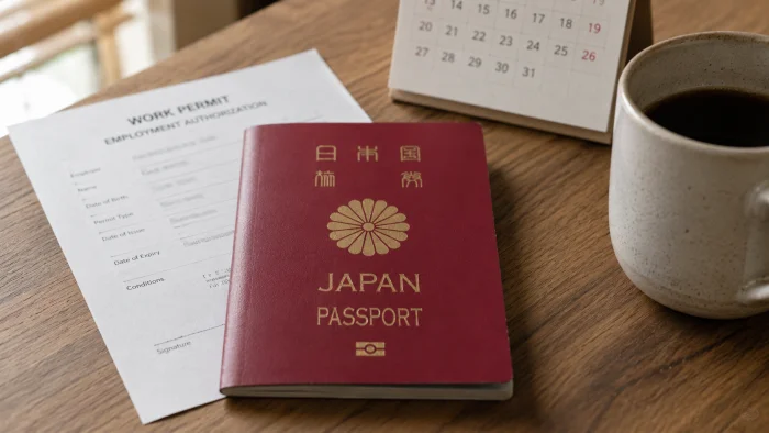 日本のパスポートと就労許可書類が並ぶデスク