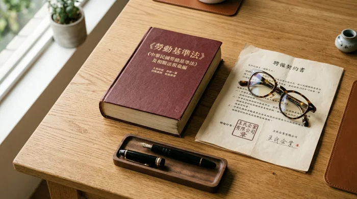 台湾労働基準法の書籍と契約書、万年筆が並ぶデスク