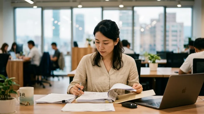 台湾の日系企業オフィスで人事資料を確認する日本人女性