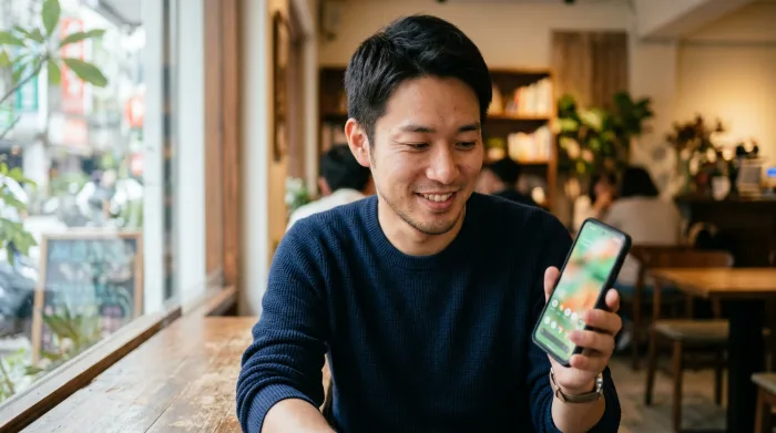 スマホで求人を確認する様子