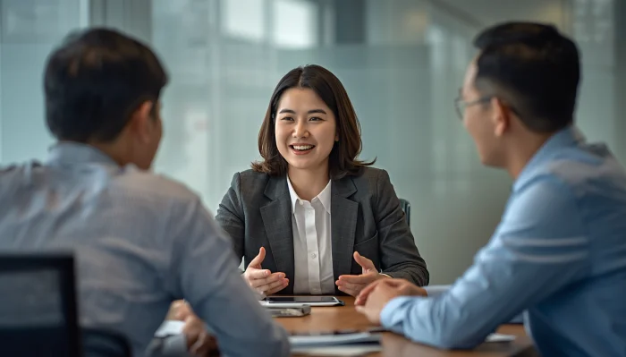 クアラルンプールの日系企業オフィスで打ち合わせをする日本人と多国籍の同僚