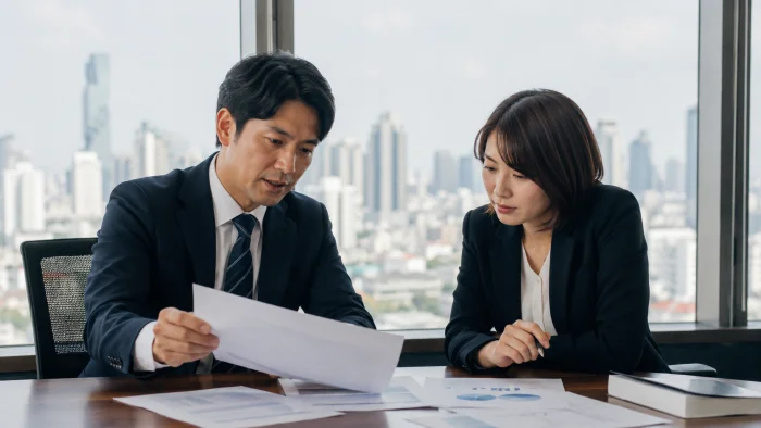 現地採用と駐在員の待遇を比較する様子