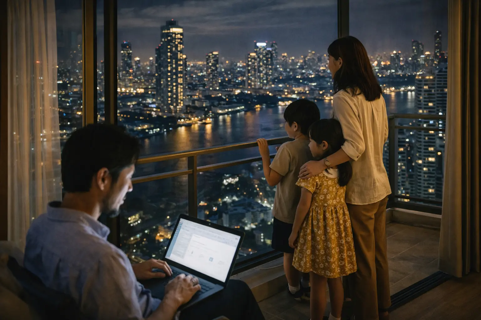 バンコクのコンドミニアムバルコニーでくつろぐ40代家族のイメージ