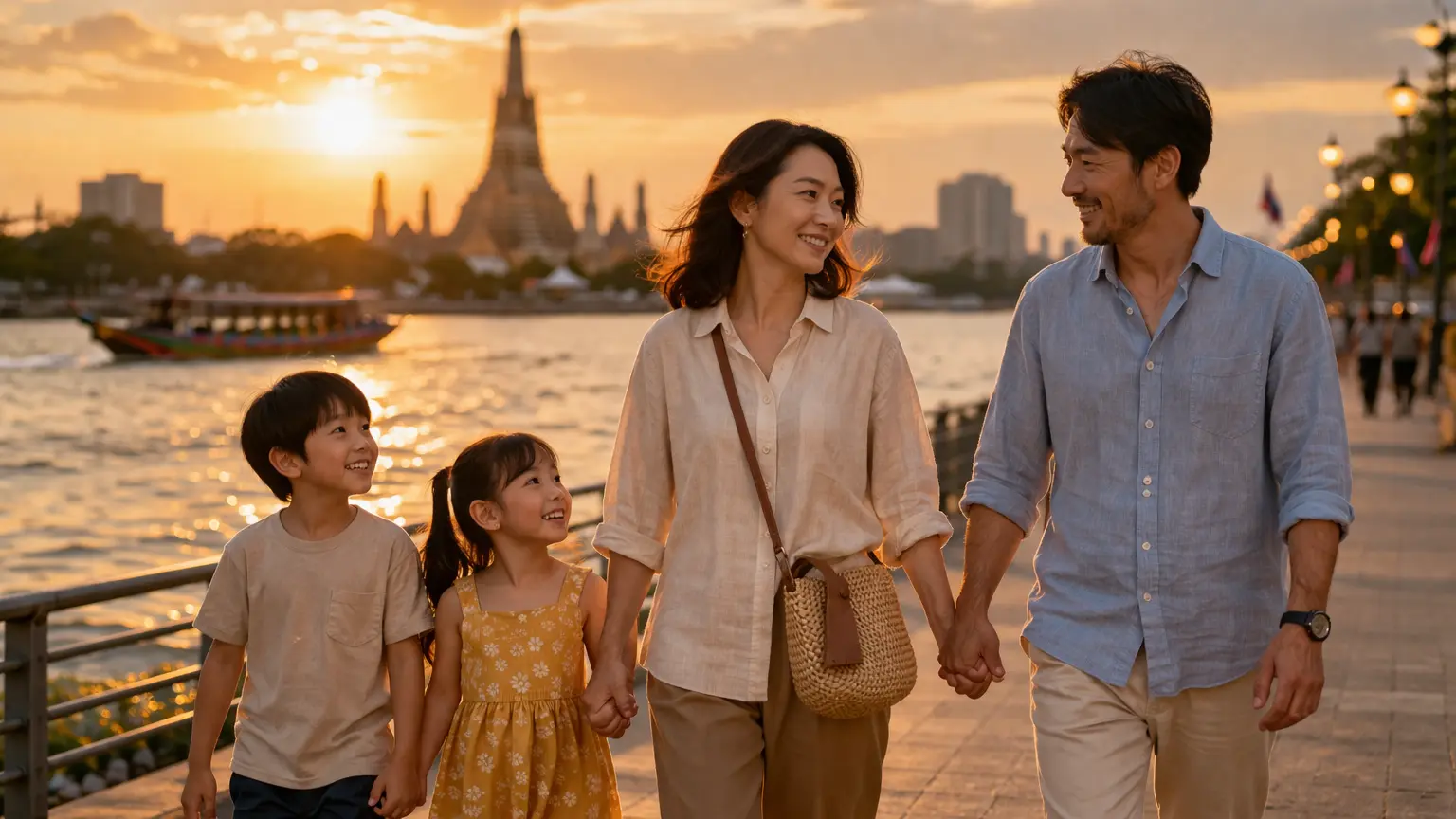 チャオプラヤー川沿いを歩くバンコク在住の40代家族のイメージ