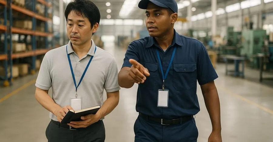 東南アジアの工場を現地スタッフと視察する日本人営業担当者
