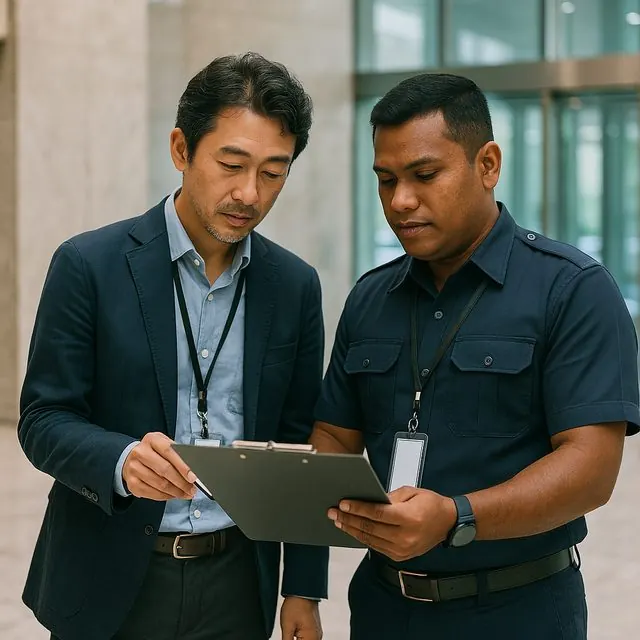 オフィスビルのロビーで警備責任者と打ち合わせる日本人マネージャー