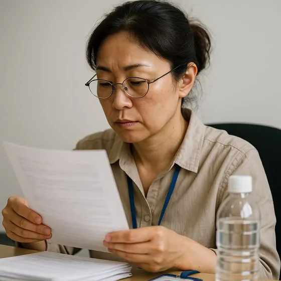 書類を確認する日本人コンサルタント