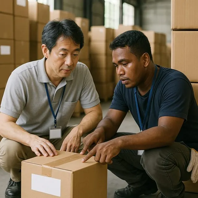 物流倉庫で現地スタッフと荷物を確認する日本人コーディネーター