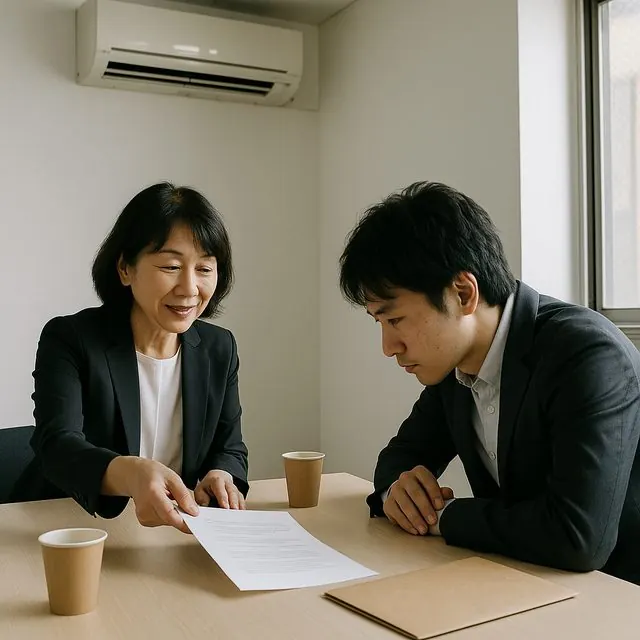 オフィスの面談室で求人票を確認する日本人キャリアアドバイザーと求職者