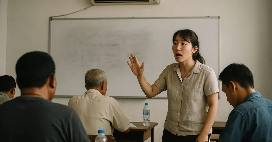 東南アジアの教室で現地の社会人に日本語を教える日本人教師