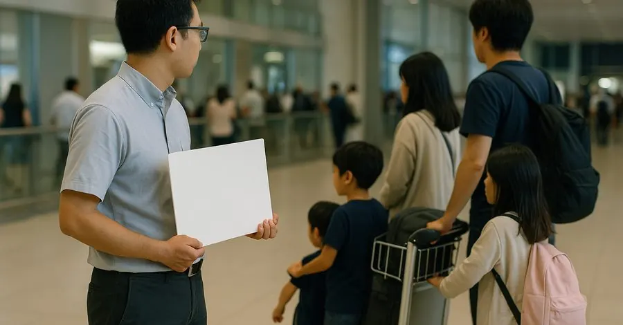 空港の到着ロビーで駐在員家族を出迎えるサポートデスクの日本人スタッフ