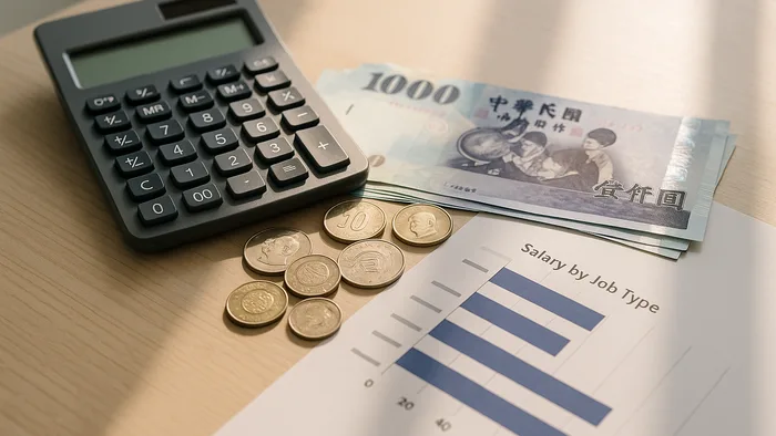 電卓と台湾ドル紙幣・職種別給与グラフ｜台湾の給与相場