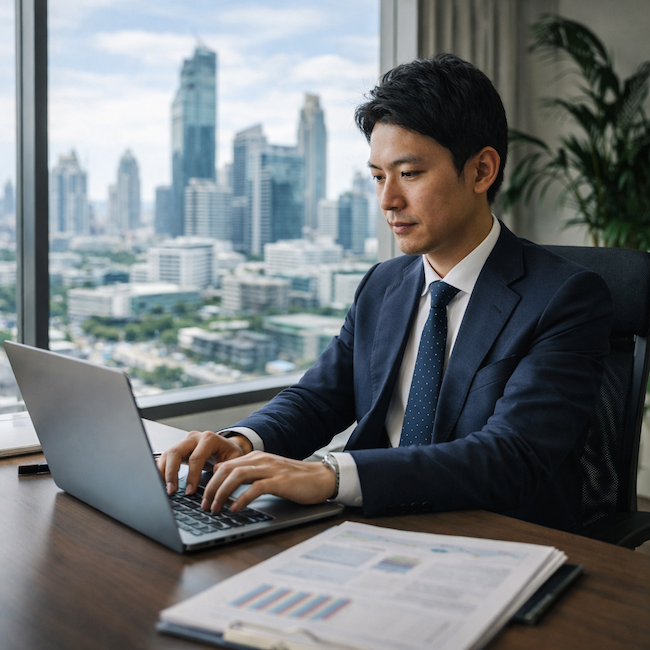 バンコクのオフィスで働く男性