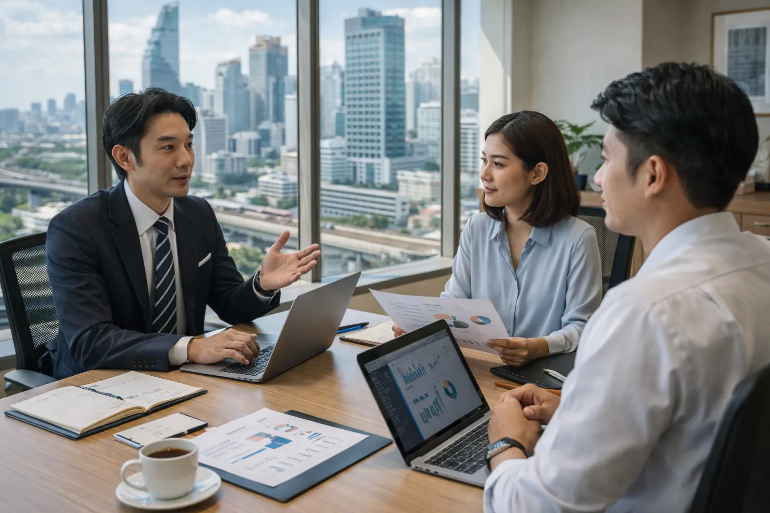 バンコクのオフィスでミーティングする日本人ビジネスパーソン