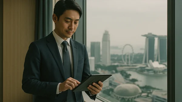 シンガポールのオフィスでタブレットを見るコンサルタント 働き方と年収のイメージ