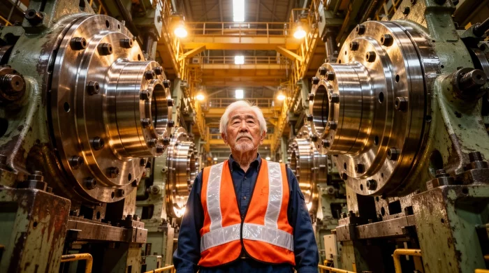 工場の生産ラインを点検する日本人エンジニア