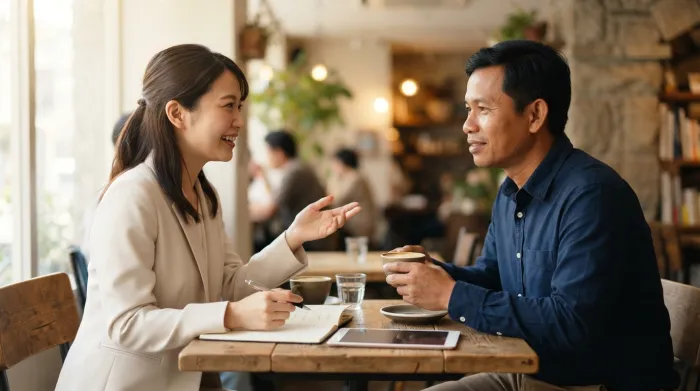 現地の取引先と打ち合わせをする日本人営業担当者