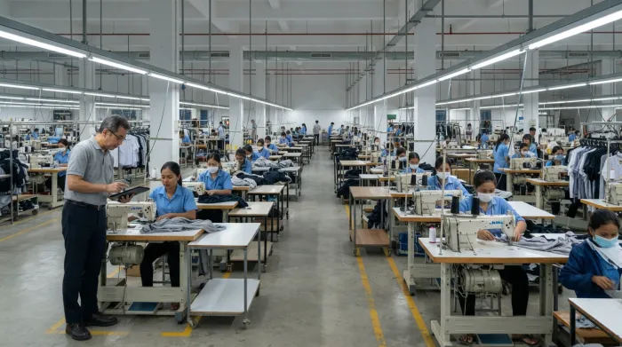 カンボジアの縫製工場の製造ラインと管理者