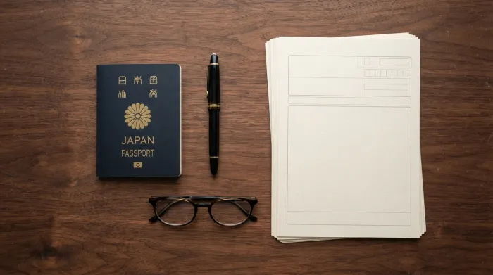パスポートと申請書類が並ぶデスク