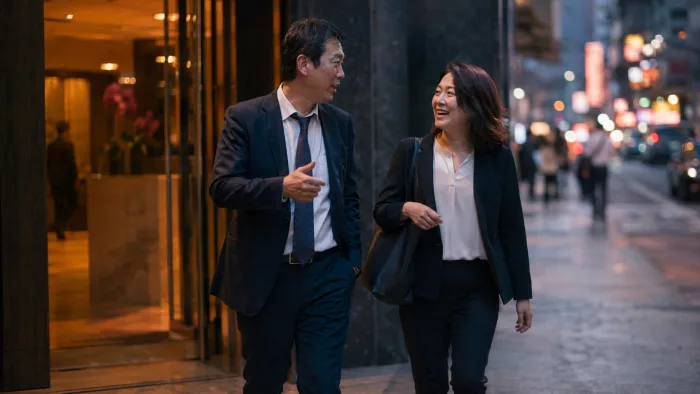 オフィスを出て歩く日本人社員と現地スタッフ