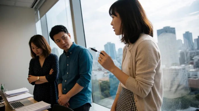 明るいオフィスで現地の同僚と話す日本人女性