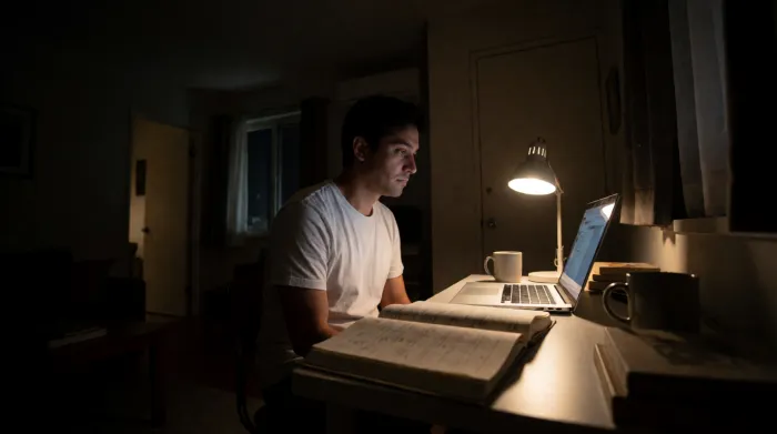 夜の自室で語学のノートとパソコンに向かう日本人男性