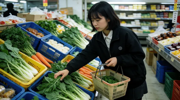 中国の都市部のスーパーマーケットで野菜を選ぶ日本人女性