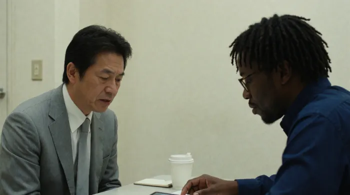 会議室で書類を見ながら相談する日本人男性とコンサルタント