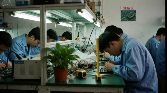 深圳の電子機器製造ラインで基板を検査する作業者