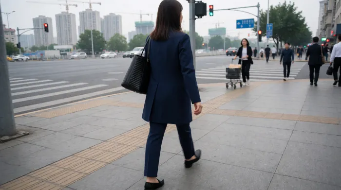 北京のオフィス街を平日の朝に一人で歩く日本人ビジネスパーソン