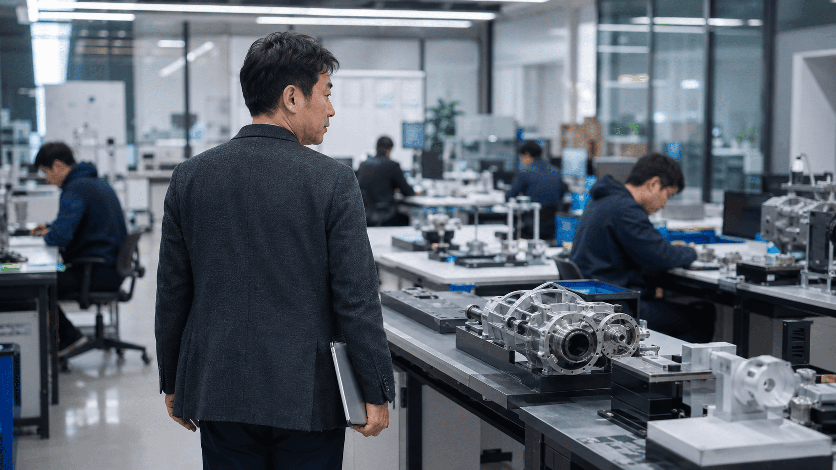 試作機を前に議論する開発チーム