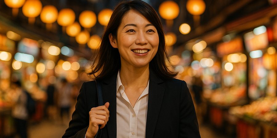 夜の台北の街を自信に満ちた表情で歩く日本人女性プロフェッショナル、台湾転職成功のイメージ