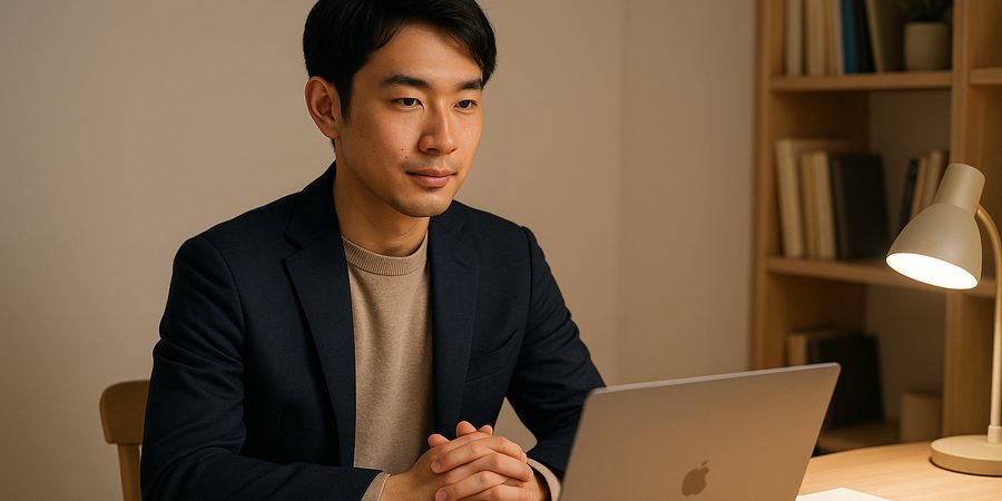 自宅でノートPCを使ってプロフェッショナルなビデオ面接に臨む20代日本人男性のイメージ