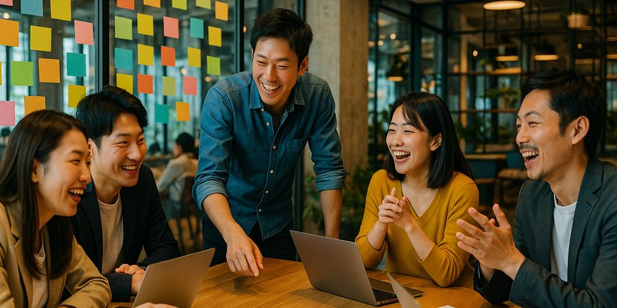 台北コワーキングスペースで活発にブレインストーミングをする20〜30代の日本人プロフェッショナルたち