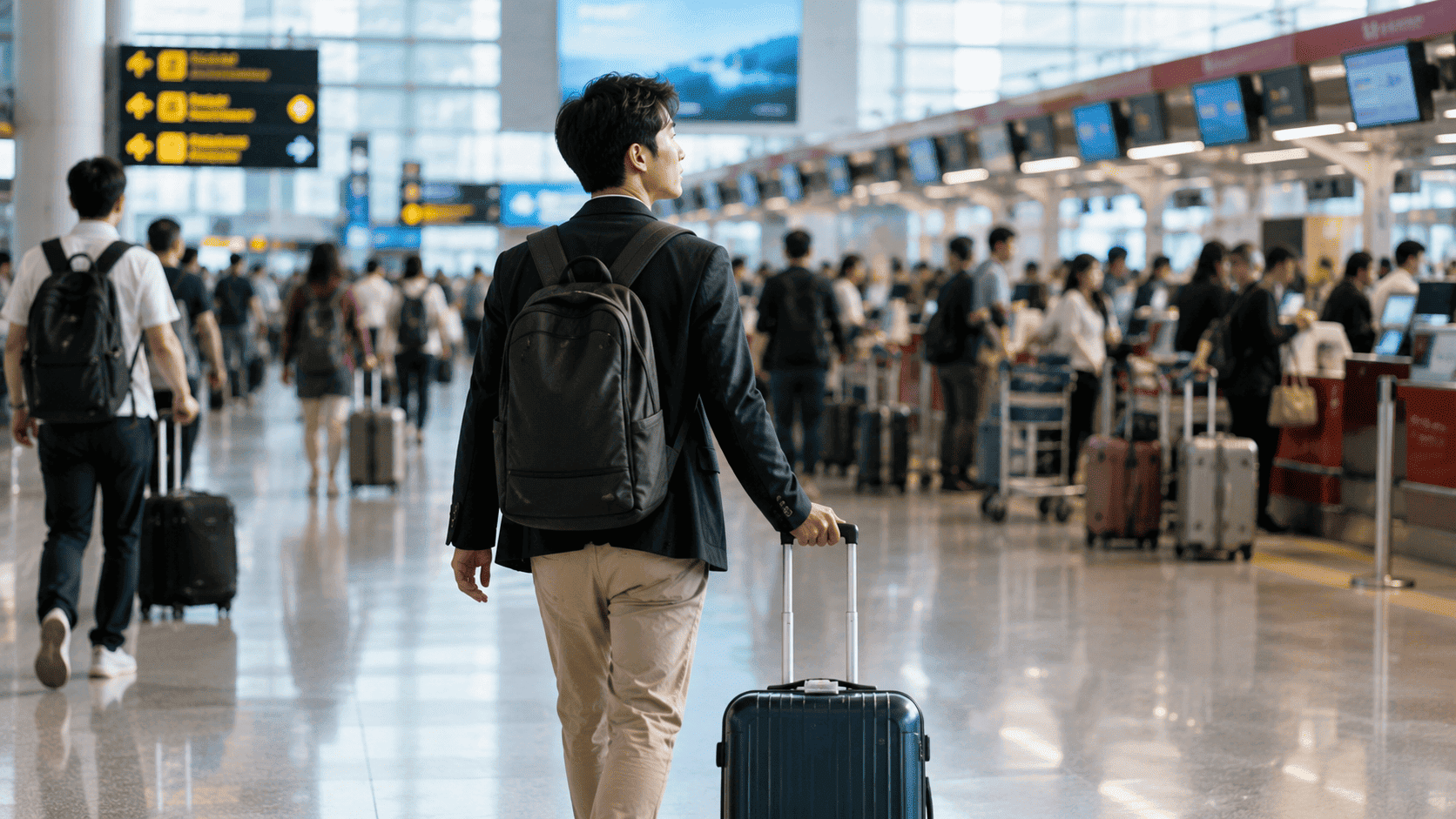 空港の出発ロビーを歩く日本人ビジネスパーソン