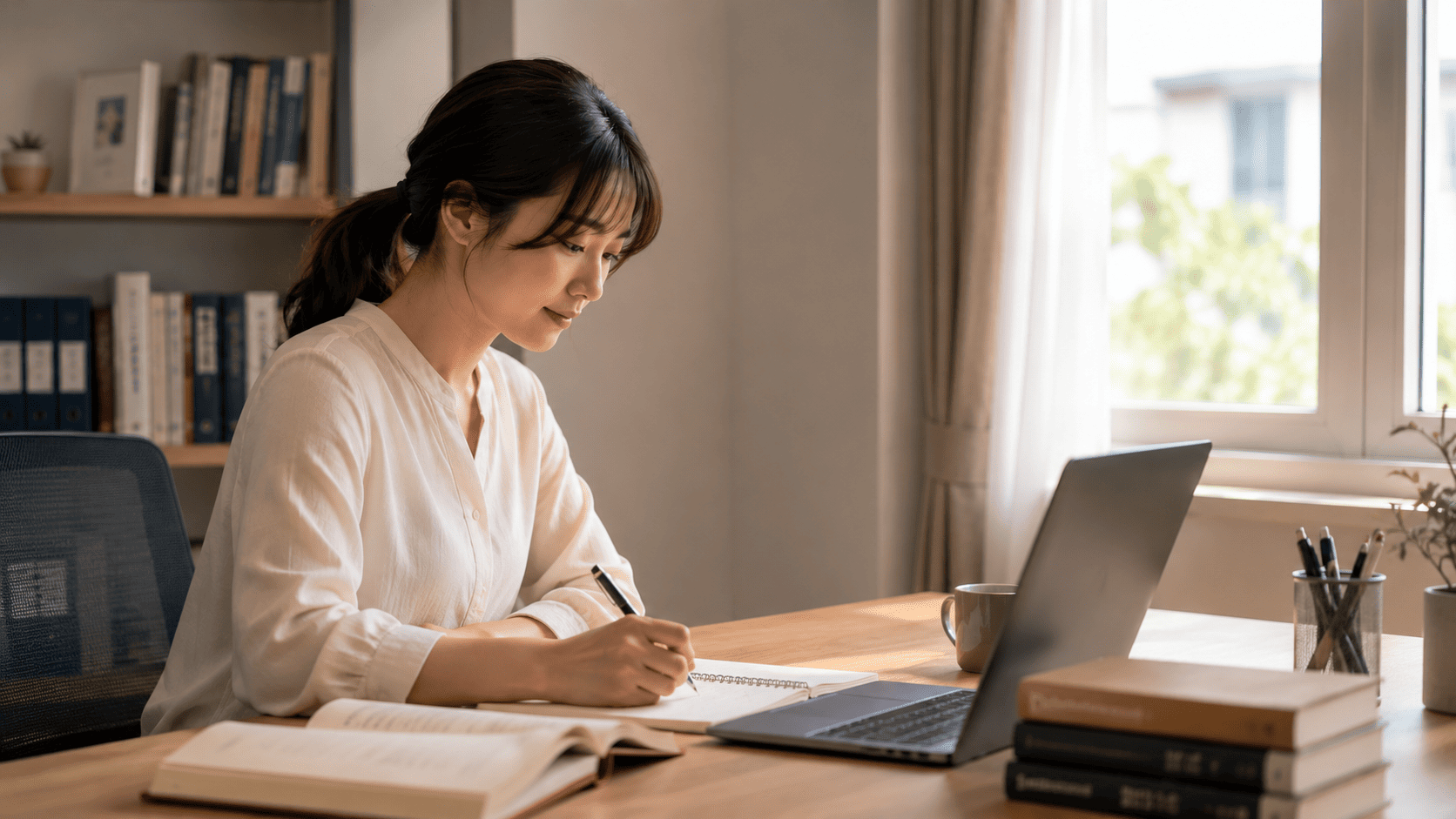 ヘッドセットを着けてデスクで働く日本人女性