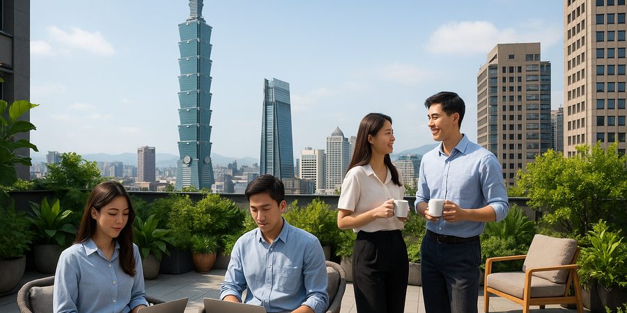 台北オフィスの屋上テラスでリラックスして休憩する若いプロフェッショナルたち、ワークライフバランスのイメージ