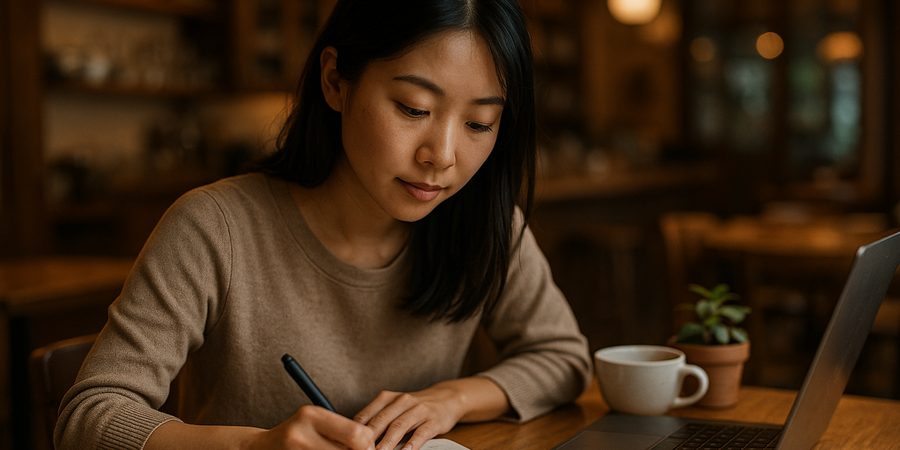 台北のカフェで中国語を勉強する20代日本人女性、台湾語学習のイメージ