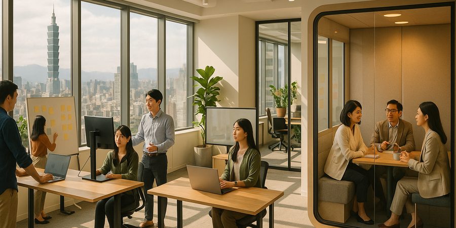 台湾台北のオープンオフィスで日本人・台湾人が協力して働くマーケティングチームのイメージ