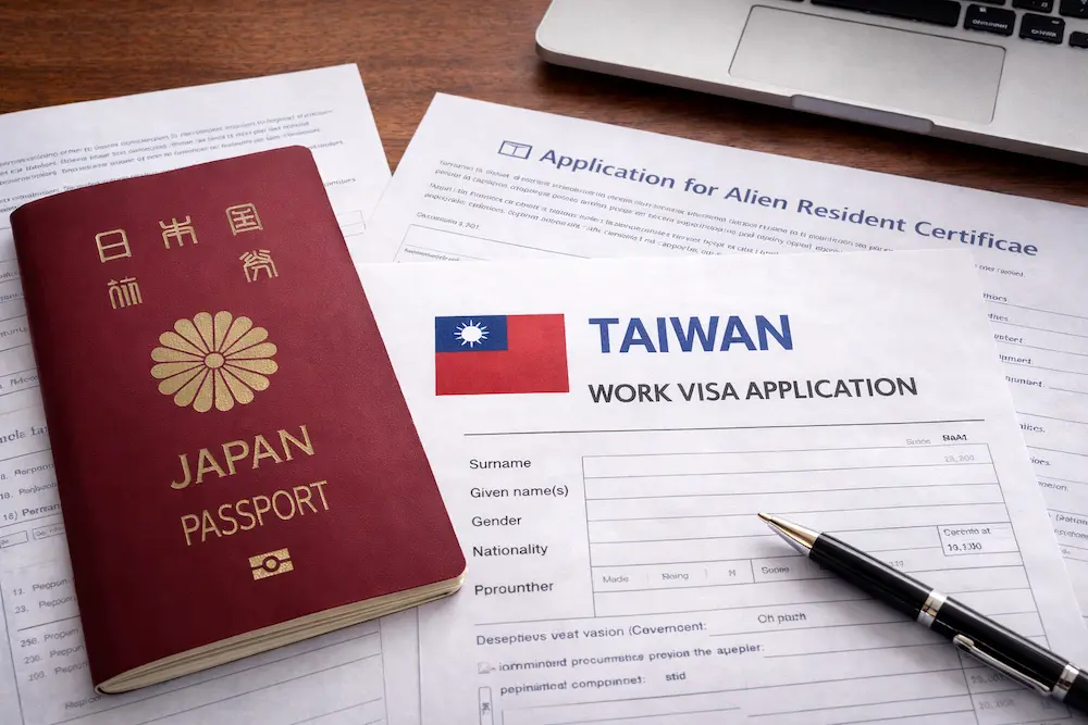 台湾の就労ビザ申請書類と台湾政府機関のイメージ