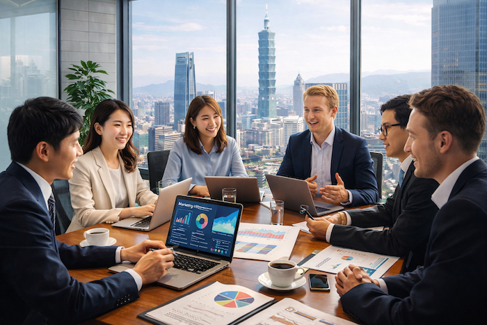 台湾オフィスでミーティングをする日本人マーケティング担当者のイメージ
