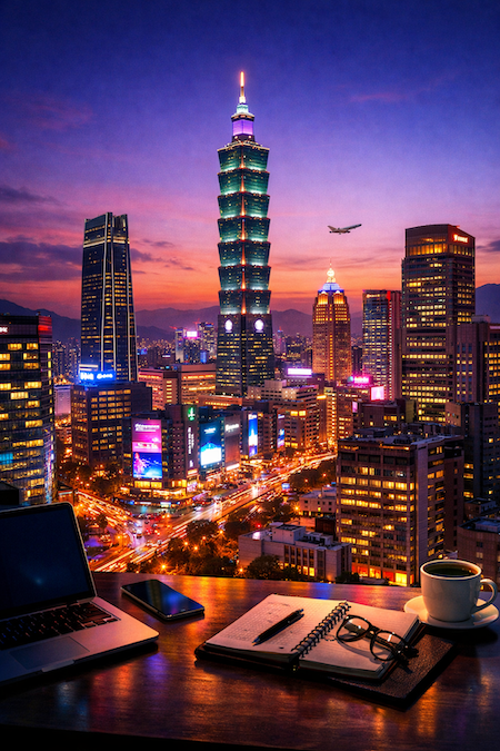 台湾台北の夜景とビジネス街、台湾転職の活況を示すイメージ