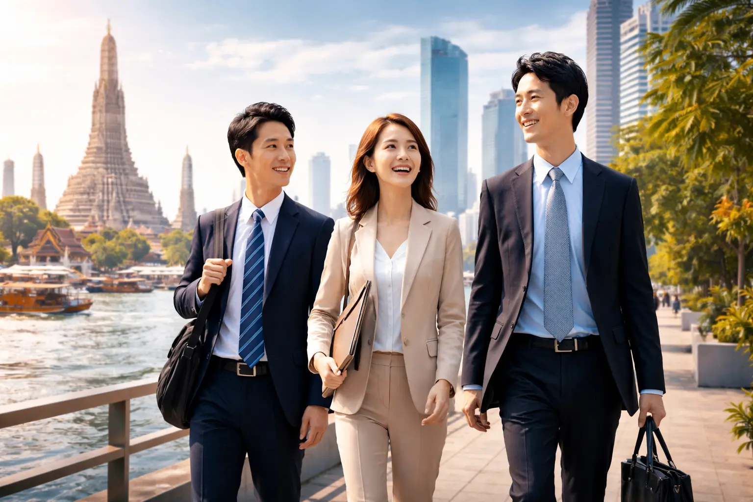 バンコクの高層ビル群を背景に立つ日本人ビジネスパーソン
