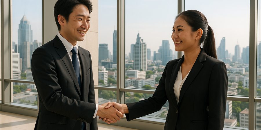 バンコクのオフィスで日本人男性とタイ人女性が握手する様子